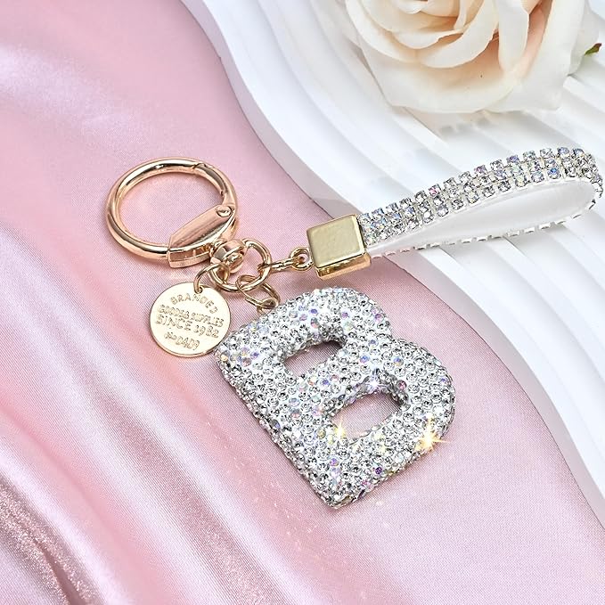 Pink Blue White Initial Letter Keychain Gift for Women Girls Bling Sparkly Cute Backpack Car Key Accessories Lanyard