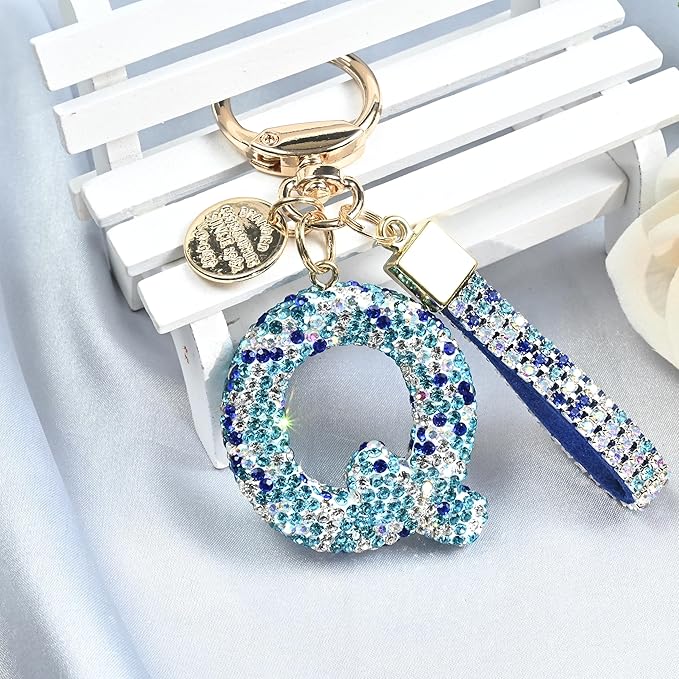Pink Blue White Initial Letter Keychain Gift for Women Girls Bling Sparkly Cute Backpack Car Key Accessories Lanyard