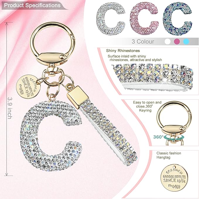 Pink Blue White Initial Letter Keychain Gift for Women Girls Bling Sparkly Cute Backpack Car Key Accessories Lanyard