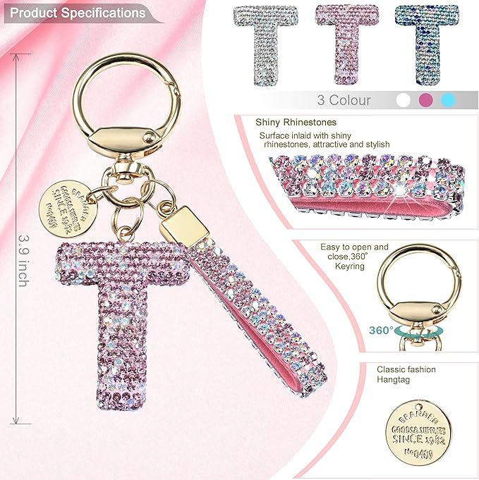 Pink Blue White Initial Letter Keychain Gift for Women Girls Bling Sparkly Cute Backpack Car Key Accessories Lanyard