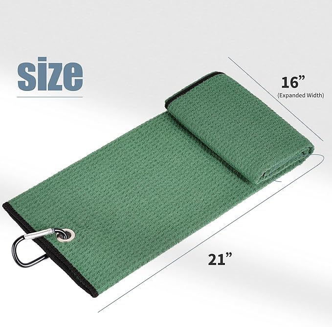 Mile High Life Tri-fold Golf Towel | Premium Microfiber Fabric | Waffle Pattern | with Heavy Duty Carabiner Clip | Golf Towel for Men and Women (GreenGolf Towel)