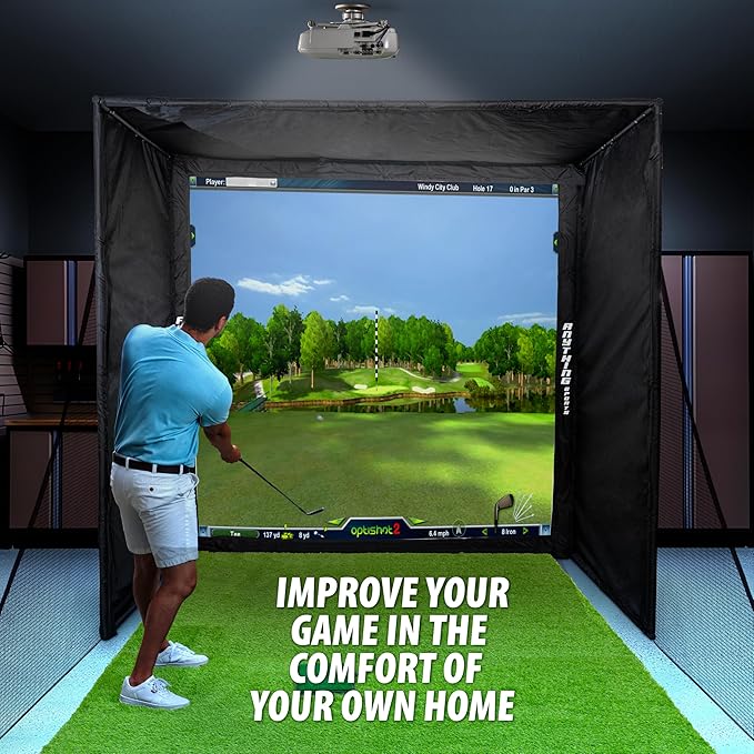 Complete Golf Simulator Enclosure Package – 4K-Ready Impact Screen with Blackout Cage, Frame Poles, Side Shank Nets & Sandbags | Indoor & Garage Practice | Easy Setup | 12-Month Warranty