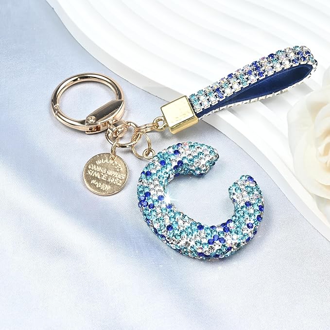 Pink Blue White Initial Letter Keychain Gift for Women Girls Bling Sparkly Cute Backpack Car Key Accessories Lanyard