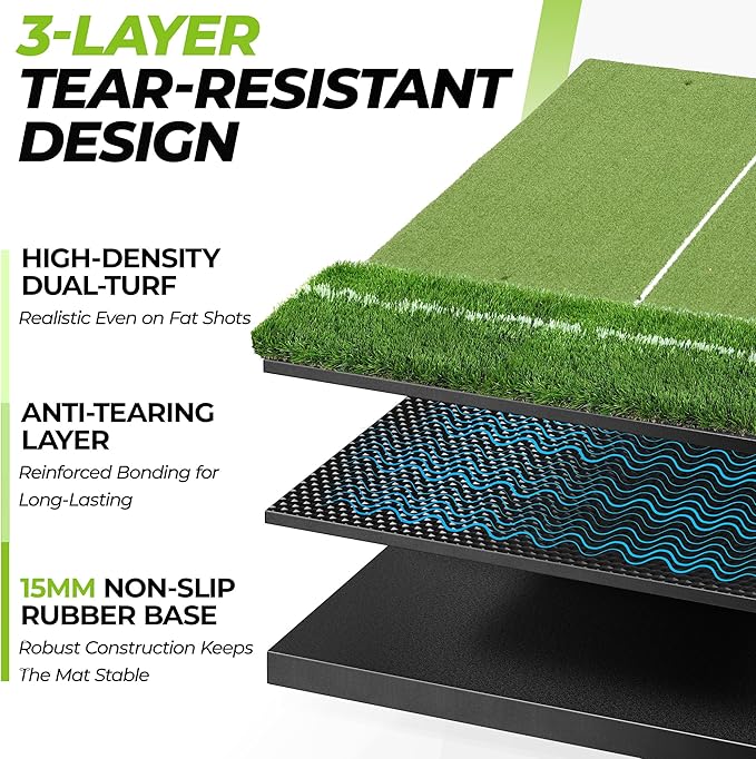 Golfguru Golf Mat 5x4ft-16mm/21mm/26mm Thickened Dual Turf Golf Hitting Mat with Alignment Aid, Dense Elite Mats Practice Outdoor Indoor, Chipping Training Matt for Backyard Garage Driving Simulators