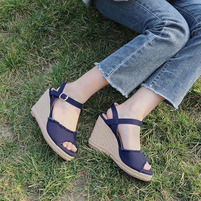 JOY IN LOVE Platform Wedge Sandals for Women 4IN Espadrille Wedge Heels Ankle Strap Sandals