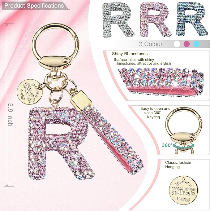 Pink Blue White Initial Letter Keychain Gift for Women Girls Bling Sparkly Cute Backpack Car Key Accessories Lanyard
