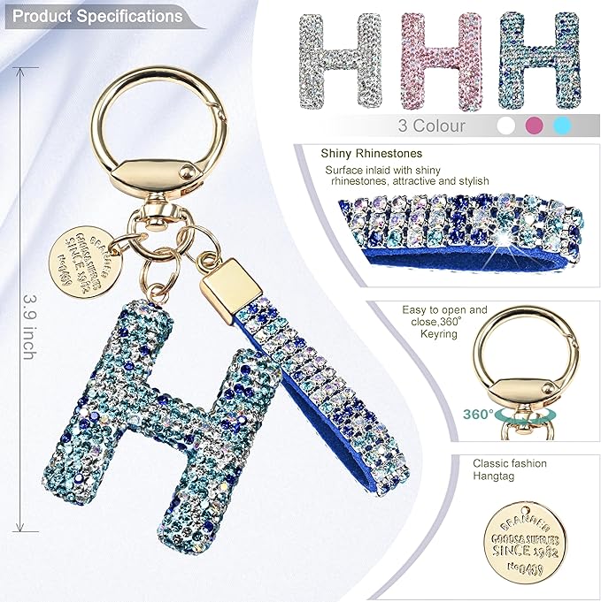 Pink Blue White Initial Letter Keychain Gift for Women Girls Bling Sparkly Cute Backpack Car Key Accessories Lanyard