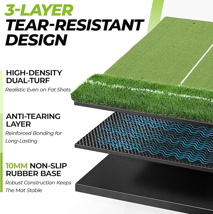 Golfguru Golf Mat 5x4ft-16mm/21mm/26mm Thickened Dual Turf Golf Hitting Mat with Alignment Aid, Dense Elite Mats Practice Outdoor Indoor, Chipping Training Matt for Backyard Garage Driving Simulators