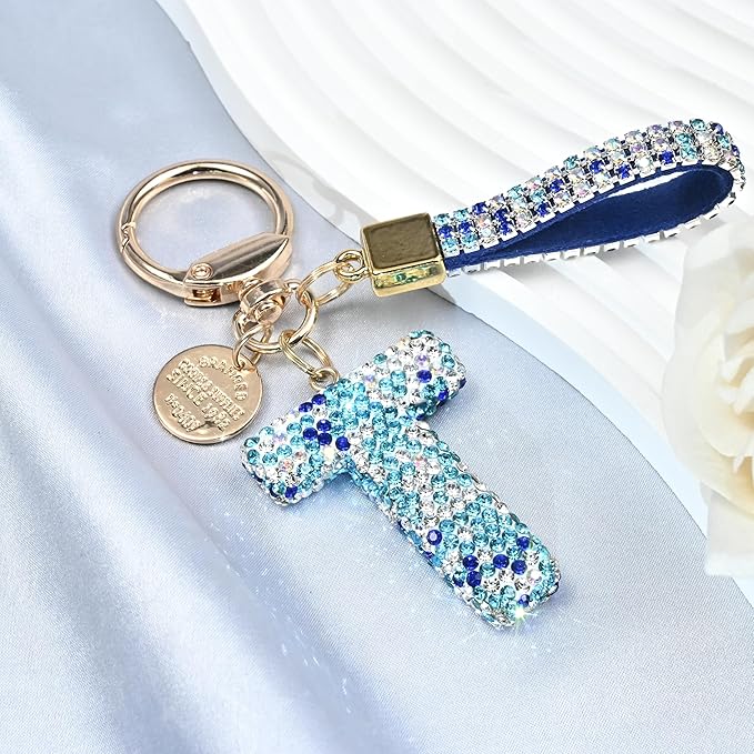 Pink Blue White Initial Letter Keychain Gift for Women Girls Bling Sparkly Cute Backpack Car Key Accessories Lanyard
