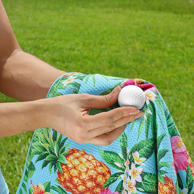 Microfiber Golf Towels for Golf Bags & Carts - Premium Weave Waffle & Ball Towels with Carabiner Clip, Essential Accessories for Men, Women and Kids, Golfer Gifts, Set of 2 (Pineapple Tropics)