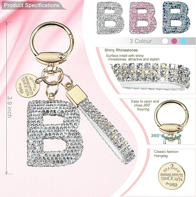 Pink Blue White Initial Letter Keychain Gift for Women Girls Bling Sparkly Cute Backpack Car Key Accessories Lanyard
