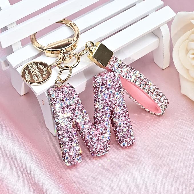 Pink Blue White Initial Letter Keychain Gift for Women Girls Bling Sparkly Cute Backpack Car Key Accessories Lanyard