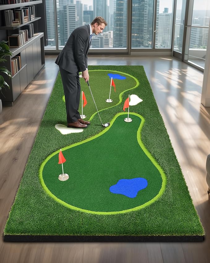 Golf Putting Green, Professional Grade Large Golfing Putting Mats with Sand Pit and Water Hazard for Indoor Outdoor