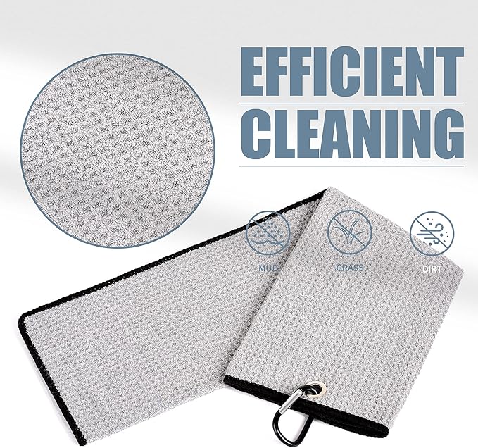 Mile High Life 2 Pack Gray Microfiber Tri-Fold Golf Towels with Carabiner Clip, 16x21in, Water Absorbent, Easy to Wash and Carry