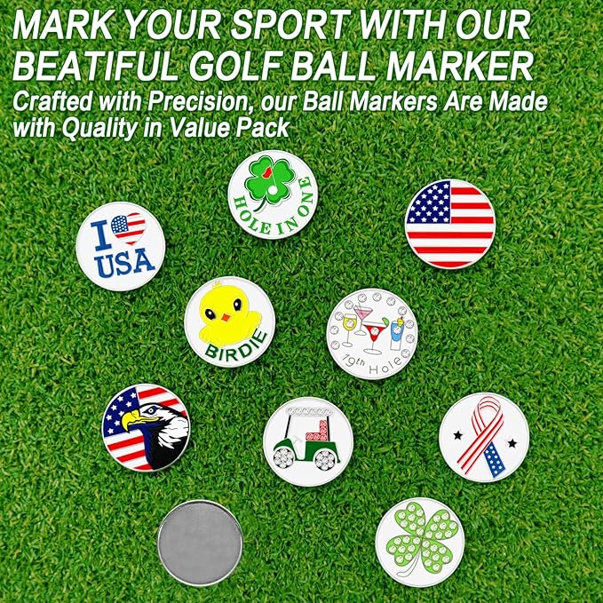 FINGER TEN Golf Ball Marker with Hat Clip Markers Assorted Patterns Value Gift Set Mark Golf Divot Tool Accessories for Men Women Kids