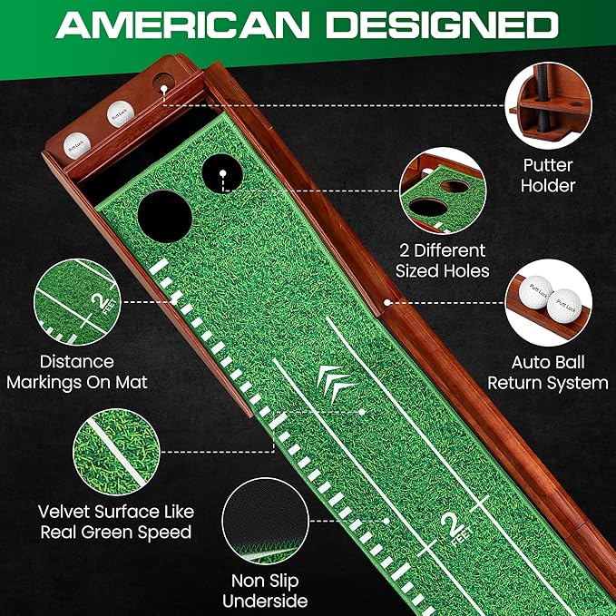 Putting Green Indoor with Automatic Ball Return – Golf Putting Mat with Putter Holder, 2 Golf Balls, Marking Tool & Storage – Portable Golf Training Aid & Gift for Men Home Office