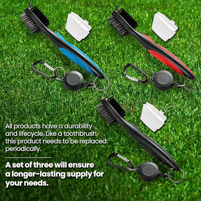 Golf Club Brush and Club Groove Cleaner with Retractable Zip-line and Aluminum Carabiner Cleaning Tools