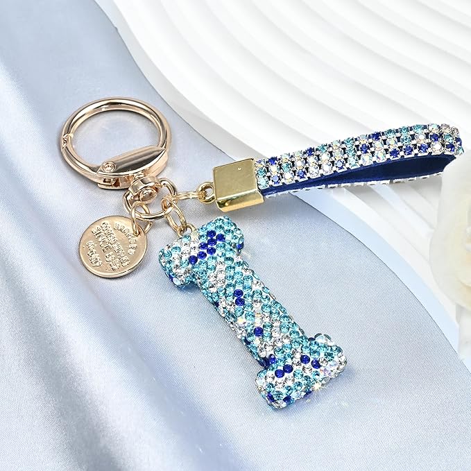 Pink Blue White Initial Letter Keychain Gift for Women Girls Bling Sparkly Cute Backpack Car Key Accessories Lanyard