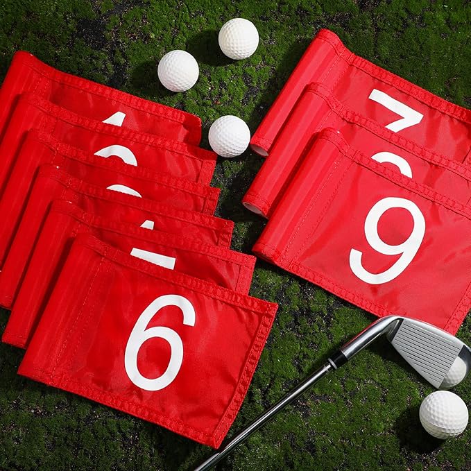 Riakrum 9 Pcs mini golf flags for yard 8.9 x 5.7 Inch 1-9 Nylon golf Pin Flags for putting green with Tube Inserted Numbered Yard Indoor Outdoor hole Backyard Garden Practice