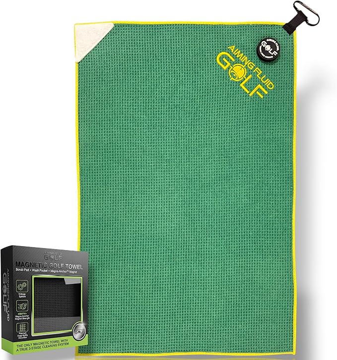 Multi-Function Magnetic Golf Towel I Wash Pocket I Magna-Anchor Technology I Waffle Pattern I Scrub Pad I (16" x 24" Blue Magnet) (Augusta, 16" x 24" Stubby)