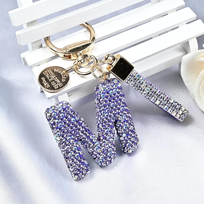 Pink Blue White Initial Letter Keychain Gift for Women Girls Bling Sparkly Cute Backpack Car Key Accessories Lanyard