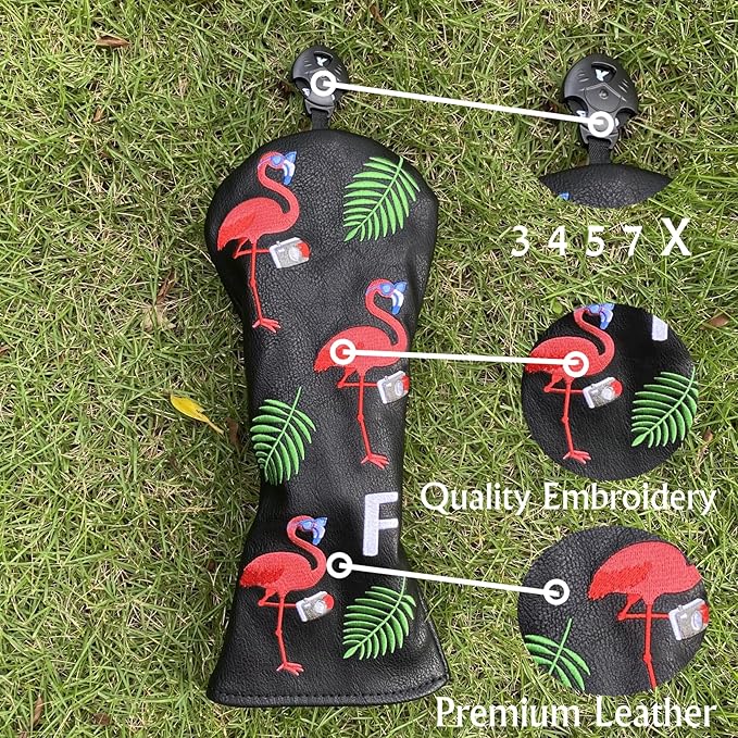 Flamingo Golf Club Headcover 3 Wood Head Cover Golf Premium（PU Leather Driver Fairway Wood Hybrid Head Cover Fits for All Brand