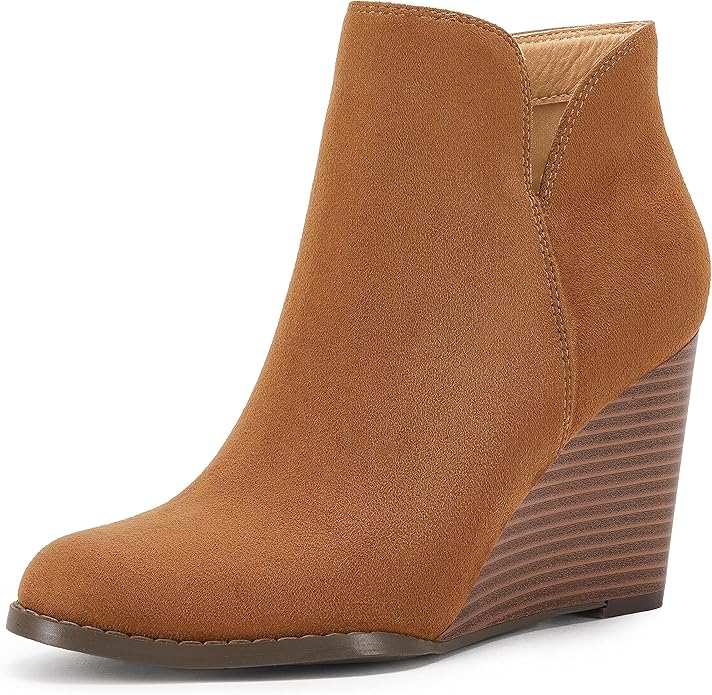 LAICIGO Womens V Cut Wedge Ankle Booties Zip-up Closed Toe Stacked Heel Faux Suede Winter Boots