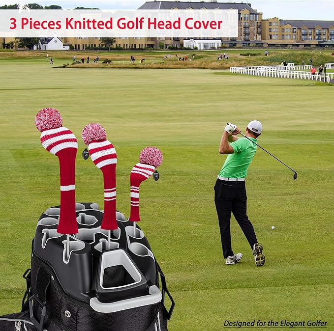 LeFeng 1Pcs Golf Club Cover, Knitted Golf Head Cover for 460cc Driver Fairway Woods and Hybrid with Cute Pom Pom and Number Tag