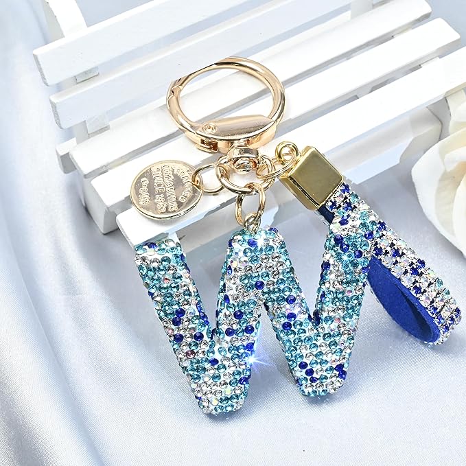 Pink Blue White Initial Letter Keychain Gift for Women Girls Bling Sparkly Cute Backpack Car Key Accessories Lanyard