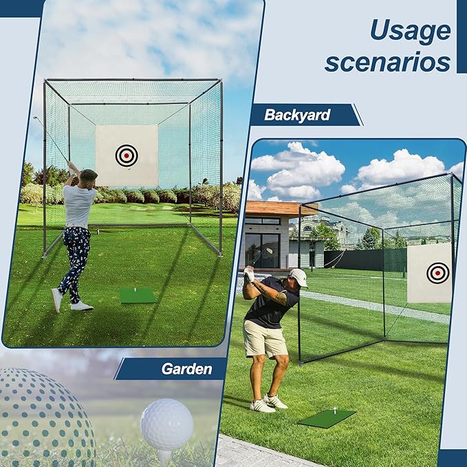 Golf Net Cage, 10X10X10FT Metal Frame Golf Simulators for Home and Backyard, Indoor & Outdoor Hitting Net, Black