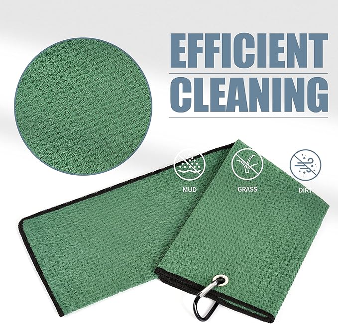 Mile High Life Tri-fold Golf Towel | Premium Microfiber Fabric | Waffle Pattern | with Heavy Duty Carabiner Clip | Golf Towel for Men and Women (GreenGolf Towel)