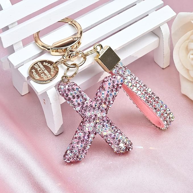 Pink Blue White Initial Letter Keychain Gift for Women Girls Bling Sparkly Cute Backpack Car Key Accessories Lanyard