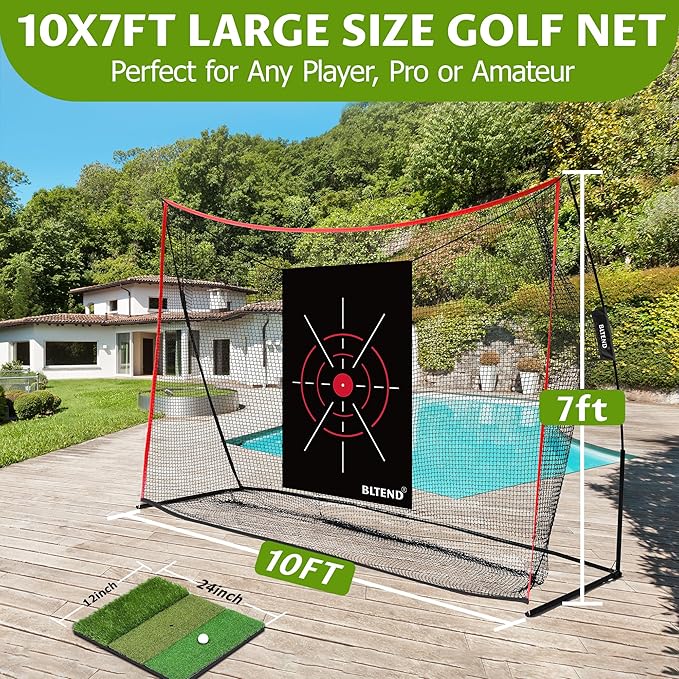 Bltend Golf Net: 10x7ft Golf Practice Nets for Backyard Driving Real Balls, Heavy Duty Golfer Training Net with Mat for Outdoor/Indoor/Garage/Basement Hitting Swing Chipping, Golfer Gift for Men Dad