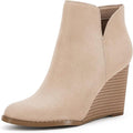 LAICIGO Womens V Cut Wedge Ankle Booties Zip-up Closed Toe Stacked Heel Faux Suede Winter Boots
