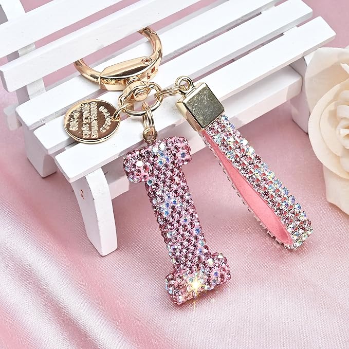 Pink Blue White Initial Letter Keychain Gift for Women Girls Bling Sparkly Cute Backpack Car Key Accessories Lanyard