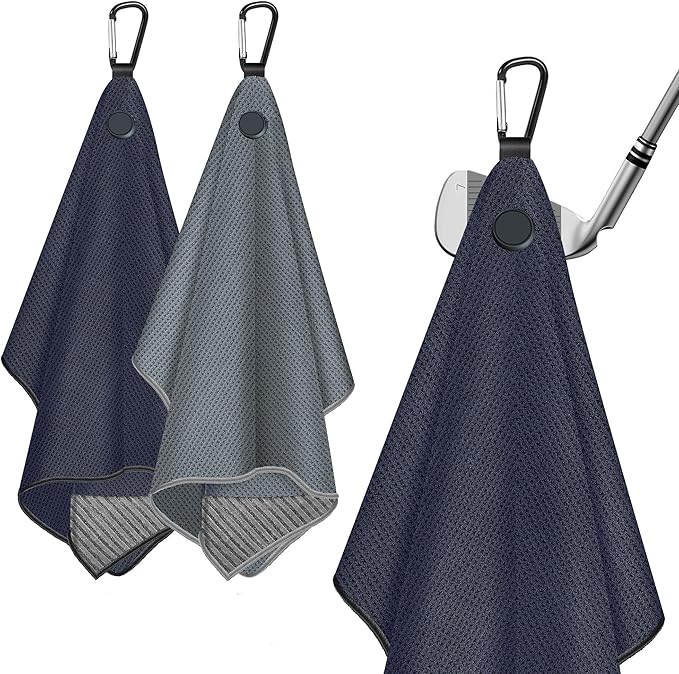 2 Pack Magnetic Golf Towels with Carabiner, Wire Cleaning Cloth, Ultra Absorbent Microfiber, Waffle Pattern Golf Towel with Magnet for Men Women, Golf Accessories for Golf Bags, Carts or Clubs