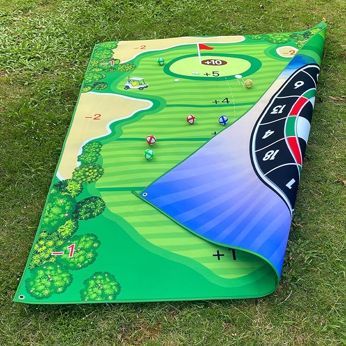 Double-Sided Chipping & Dart Game Mat Set with Golf Club, 20 Sticky Balls, 6Ft x 5Ft Supersize Game Training Mat, Ideal Indoor & Outdoor Gifts for Adults, Family, and Kids Play
