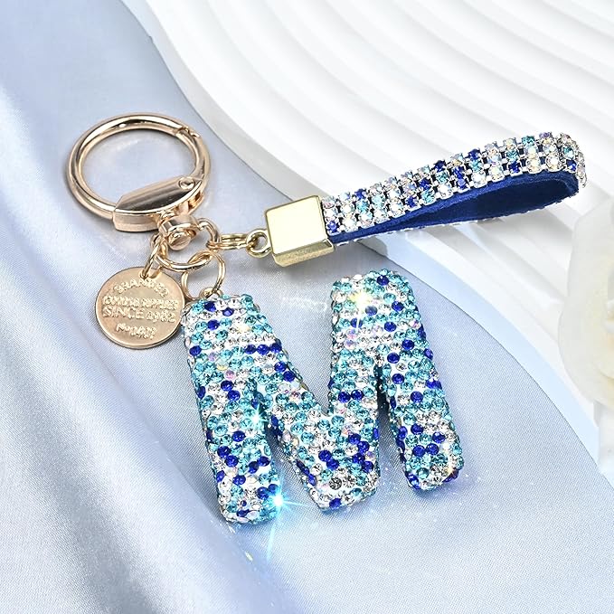 Pink Blue White Initial Letter Keychain Gift for Women Girls Bling Sparkly Cute Backpack Car Key Accessories Lanyard