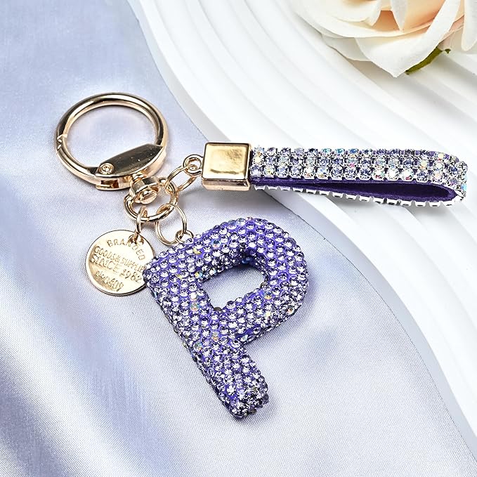 Pink Blue White Initial Letter Keychain Gift for Women Girls Bling Sparkly Cute Backpack Car Key Accessories Lanyard