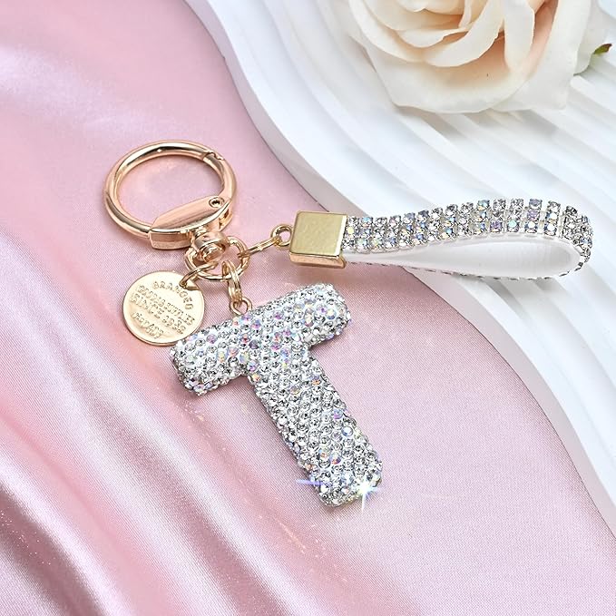 Pink Blue White Initial Letter Keychain Gift for Women Girls Bling Sparkly Cute Backpack Car Key Accessories Lanyard