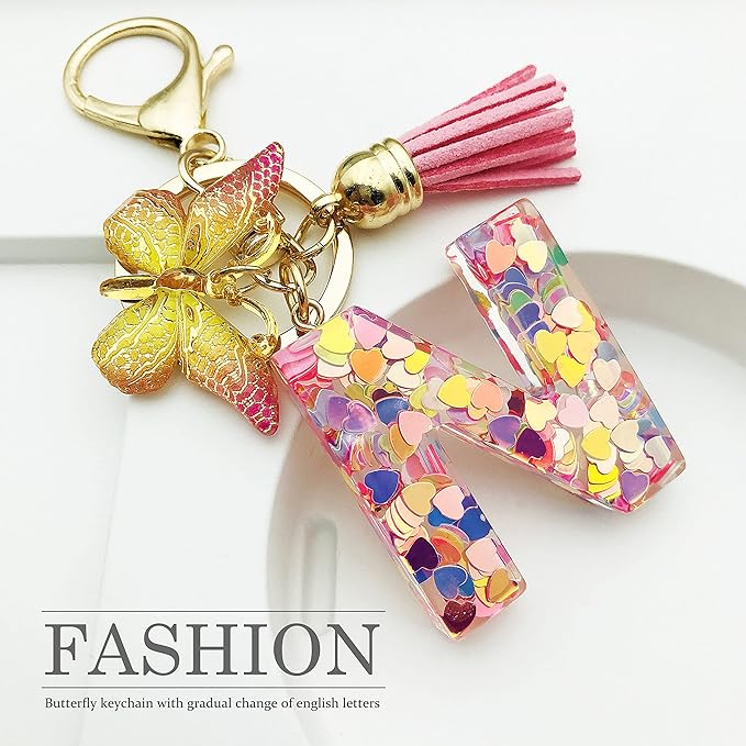 JINGUAZI Initial letter Keychains for Women Tassel Butterfly Pink Purple Cute Car Keychain for Wallet Backpack bag charm