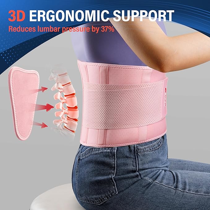 FEATOL Back Brace for Lower Back Pain, Breathable Back Support Belt for Women & Men with Lumbar Pad, Lumbar Support Belt for Heavy Lifting & Work, Pink, L/XL (Circumference:30-38.6")
