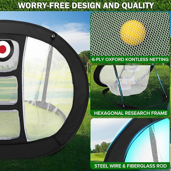 Golf Chipping Net with Tri-Turf Hitting Mat Set - Foldable Practice Target, 12 Foam Balls & 6 Tees in Carry Bag - Indoor Outdoor Backyard Golf Precision Training Aid & Gift for Beginners