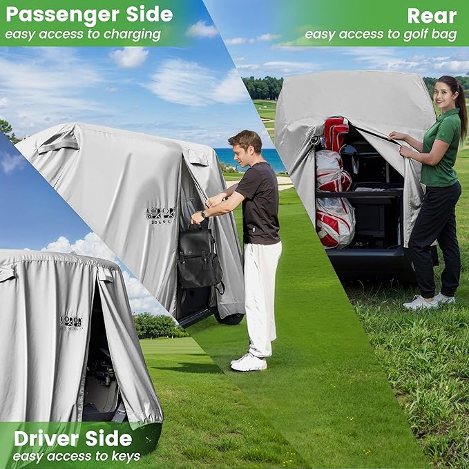 10L0L Golf Cart Cover 2/4/4+2 Passenger for Yamaha EZGO Club Car, Heavy Duty 420D Waterproof Windproof Durable Polyester Golf Cart Cover with 3 Zipper Doors for All-Weather Protection (Black/Silver)