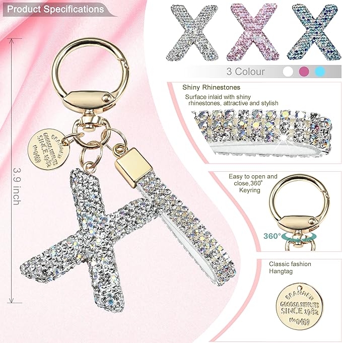 Pink Blue White Initial Letter Keychain Gift for Women Girls Bling Sparkly Cute Backpack Car Key Accessories Lanyard