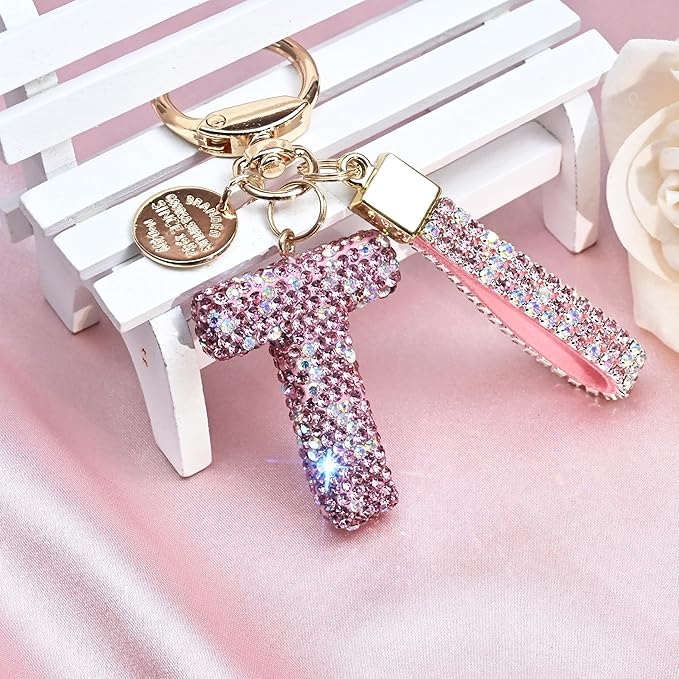 Pink Blue White Initial Letter Keychain Gift for Women Girls Bling Sparkly Cute Backpack Car Key Accessories Lanyard