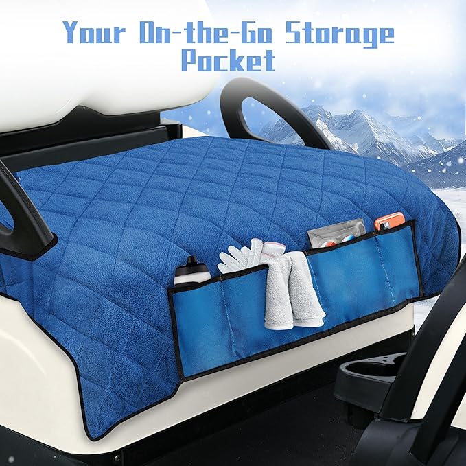YOKYHOM Golf Cart Seat Covers with 4 Front Pockets, Thick and Non-Slip Golf Cart Seat Towel Blanket, Fits for EZGO, Yamaha, Club Car and More 2 Seats Golf Carts, Blue
