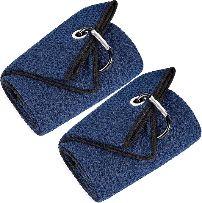 Mile High Life Tri-fold Golf Towel | 16" X 24" | Premium Microfiber Fabric | Waffle Pattern | with Heavy Duty Carabiner Clip | for Men and Women (2 Pack Navy)