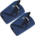 Mile High Life Tri-fold Golf Towel | 16" X 24" | Premium Microfiber Fabric | Waffle Pattern | with Heavy Duty Carabiner Clip | for Men and Women (2 Pack Navy)