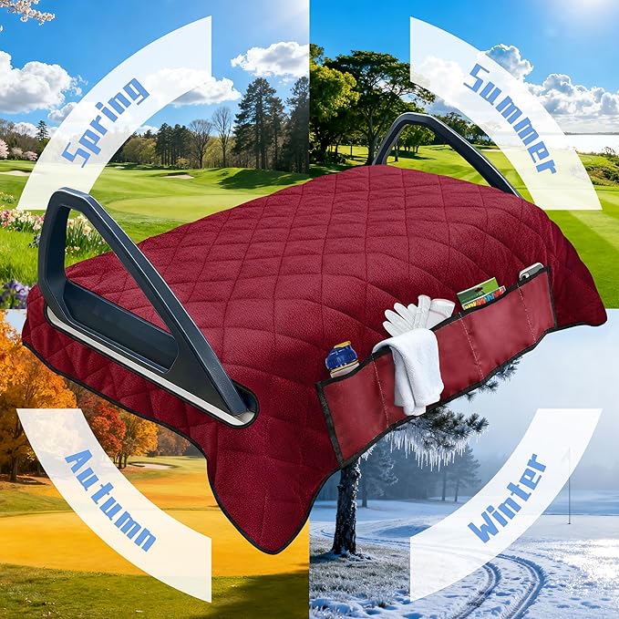 YOKYHOM Golf Cart Seat Covers with 4 Front Pockets, Thick and Non-Slip Golf Cart Seat Towel Blanket, Fits for EZGO, Yamaha, Club Car and More 2 Seats Golf Carts, Red